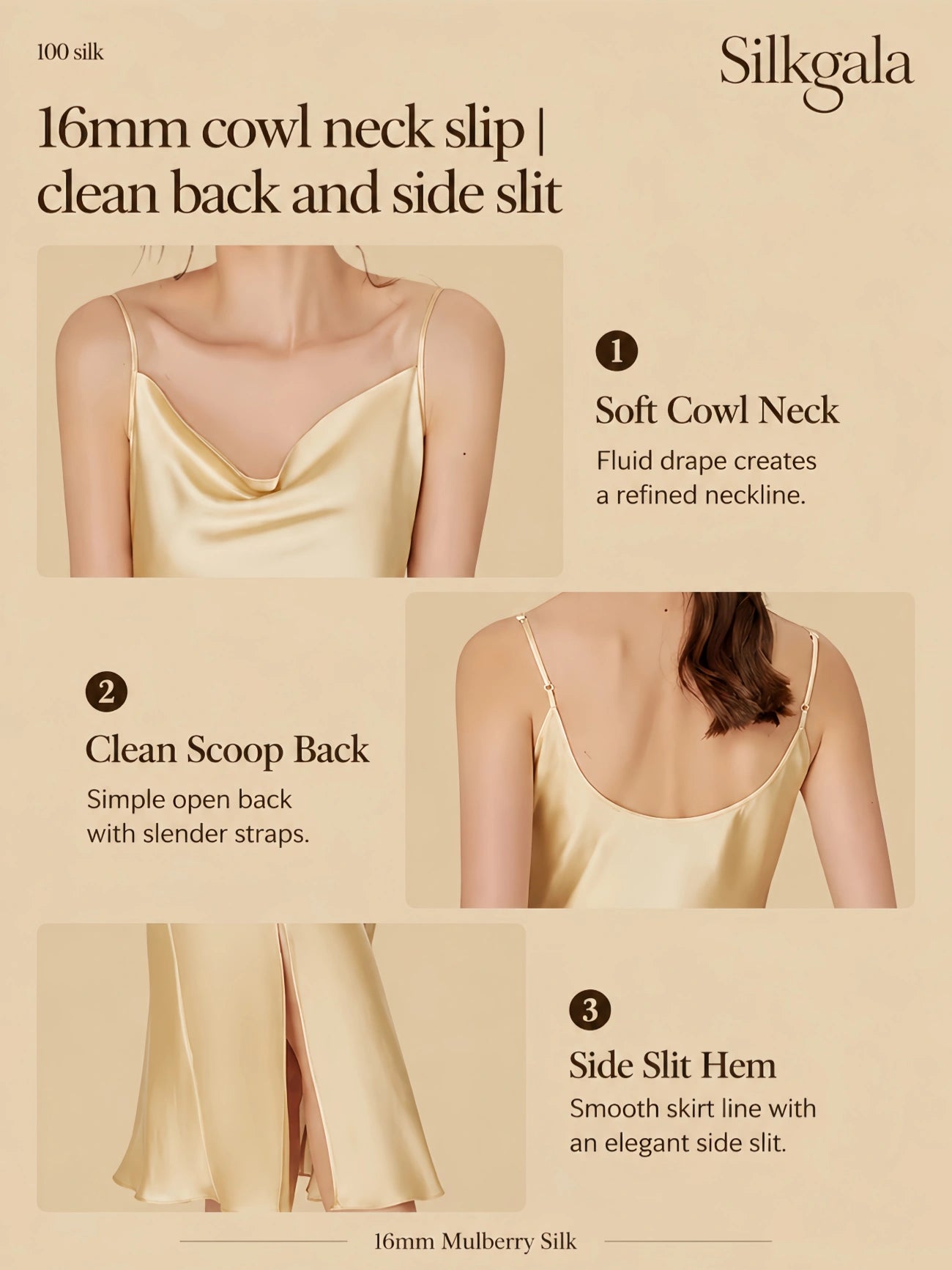 16mm cowl neck silk slip with clean scoop back, slim straps, side slit, and soft silk drape