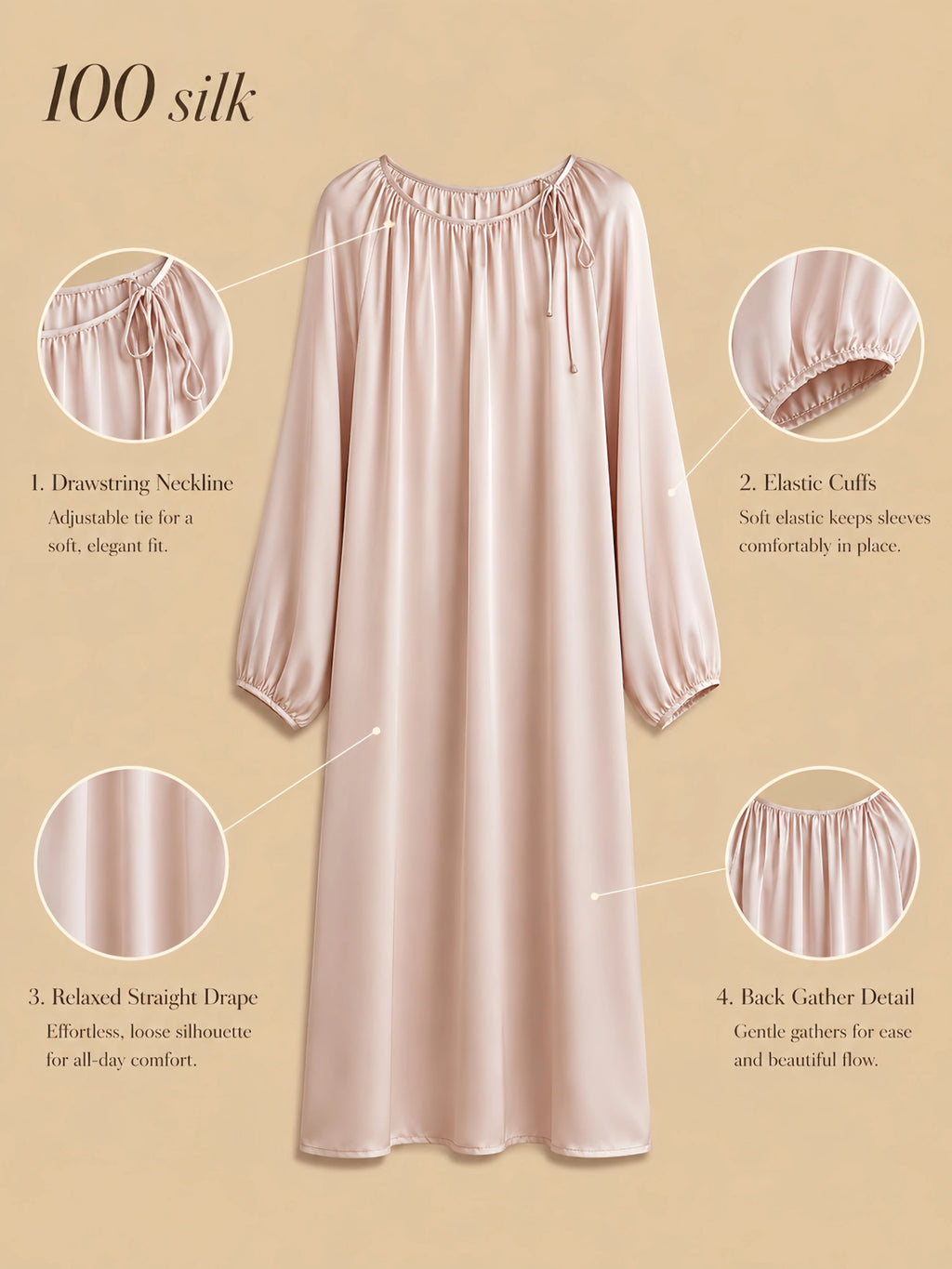 Silkgala 16mm 100% mulberry silk lounge dress detail image showing a drawstring neckline, gathered front and back, long sleeves with elastic cuffs, and a relaxed straight drape.