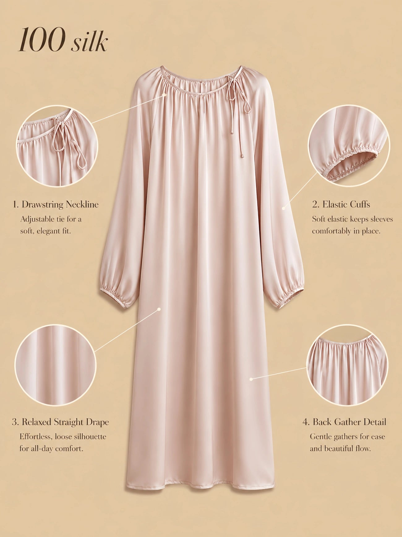 Silkgala 16mm 100% mulberry silk lounge dress detail image showing a drawstring neckline, gathered front and back, long sleeves with elastic cuffs, and a relaxed straight drape.