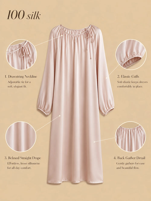 Silkgala 16mm 100% mulberry silk lounge dress detail image showing a drawstring neckline, gathered front and back, long sleeves with elastic cuffs, and a relaxed straight drape.