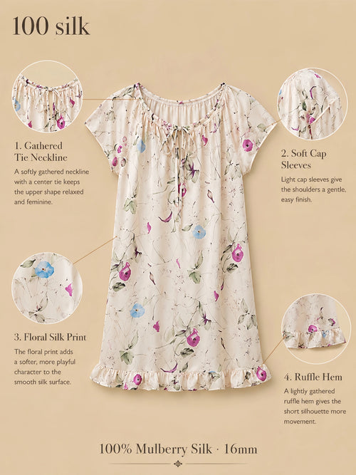 Silkgala 16mm 100% mulberry silk floral sleep dress detail image showing a gathered tie neckline, soft cap sleeves, floral print, and ruffle hem.