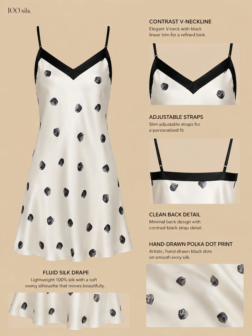 16mm silk slip dress with hand-drawn polka dots, black V-neck trim, adjustable straps, and fluid drape