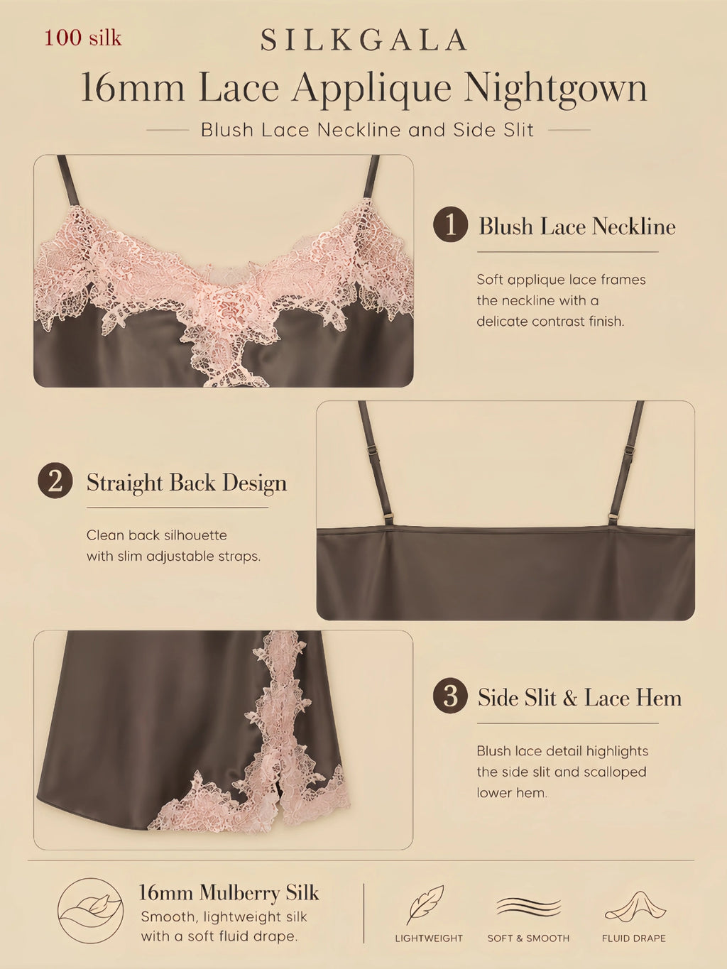 16mm lace appliqué nightgown with blush lace neckline, straight back straps, side slit, and scalloped lace hem