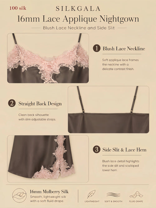 16mm lace appliqué nightgown with blush lace neckline, straight back straps, side slit, and scalloped lace hem