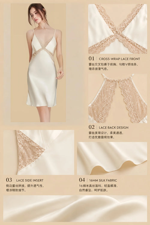 16mm silk lace back camisole with cross-wrap lace front, lace side insert, and smooth silk drape