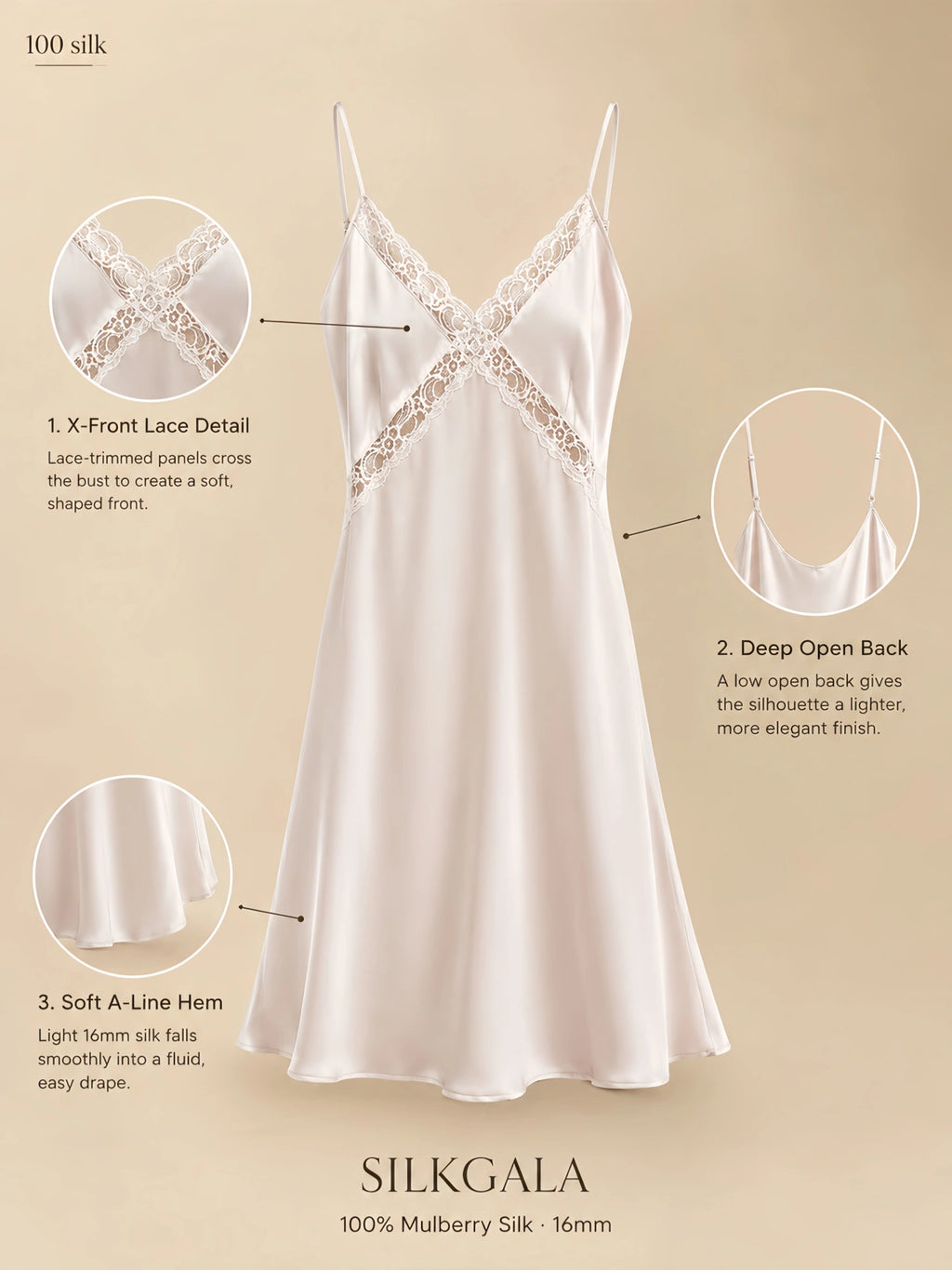 Silkgala 16mm 100% mulberry silk lace-cross nightgown detail image showing X-front lace panels, deep open back, slim adjustable straps, and soft A-line hem.