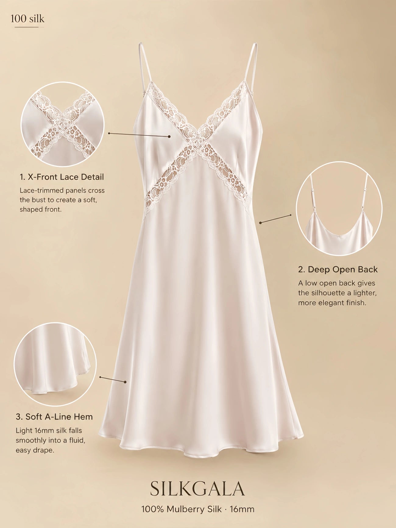 Silkgala 16mm 100% mulberry silk lace-cross nightgown detail image showing X-front lace panels, deep open back, slim adjustable straps, and soft A-line hem.