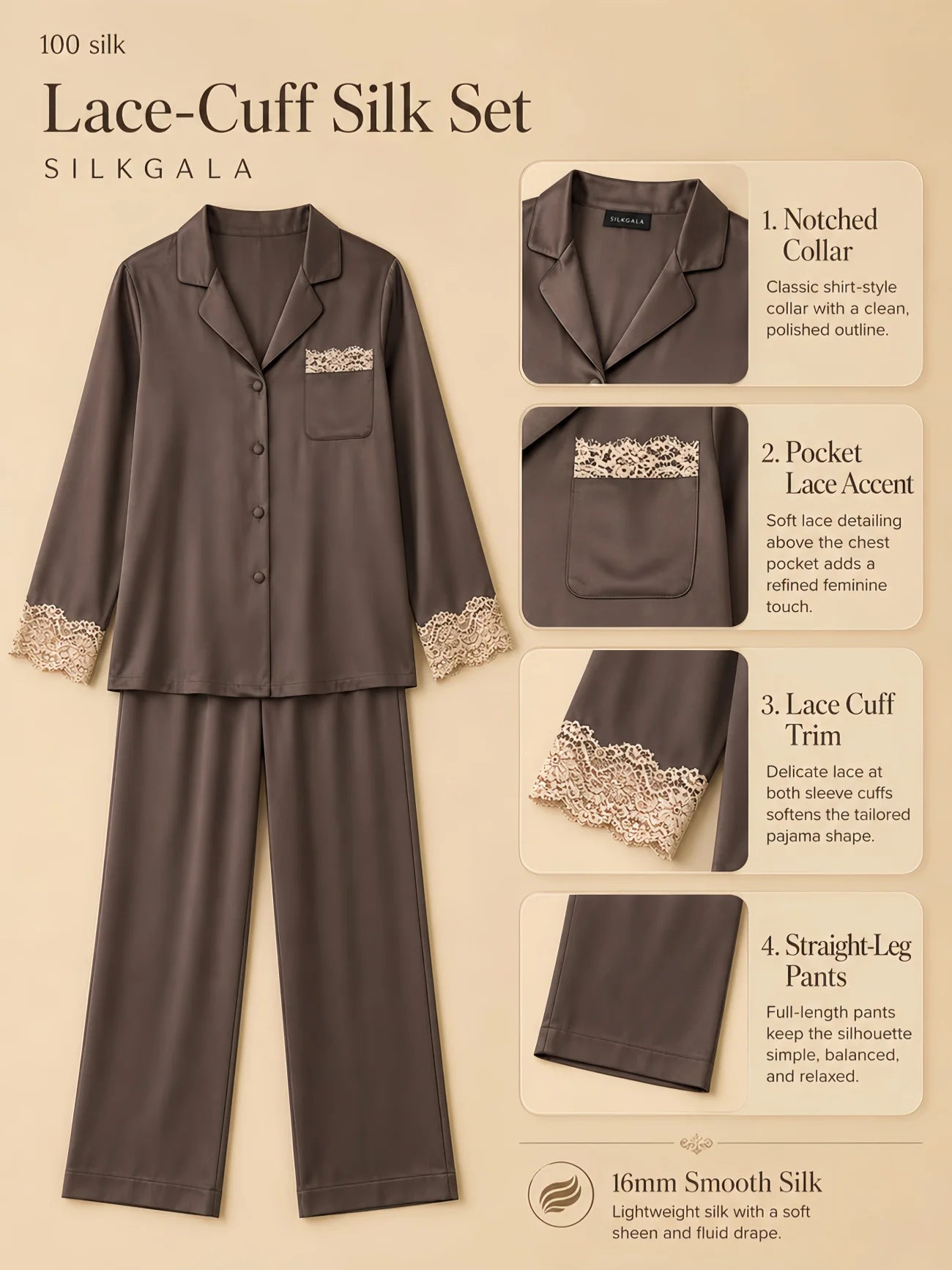 Silkgala 16mm lace-cuff silk pajama set flat lay in dark brown with notched collar, button-front top, chest pocket lace accent, lace-trim cuffs, and straight-leg pants on beige background.