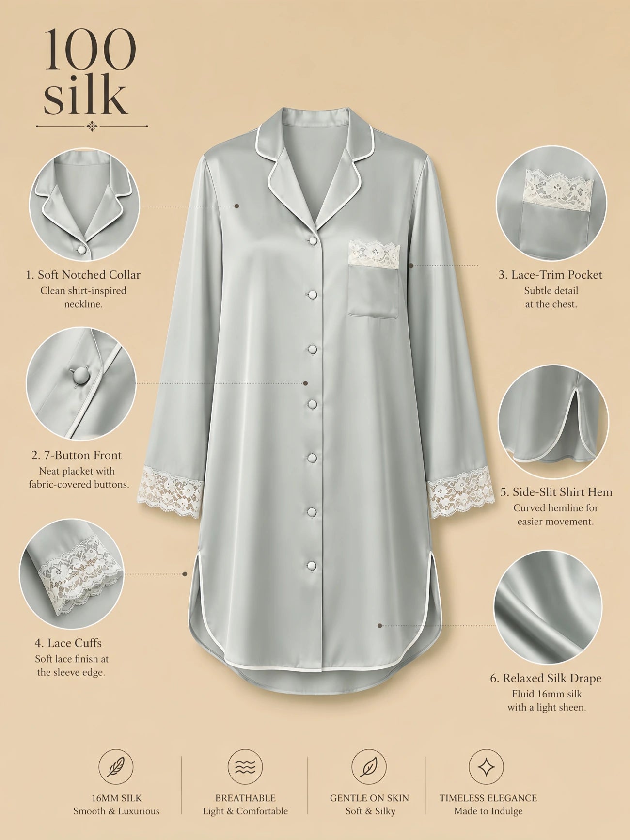 Silkgala 16mm 100% mulberry silk sleepshirt detail image showing a soft notched collar, 7-button front placket, lace cuff sleeves, lace-trim chest pocket, and side-slit shirt hem.