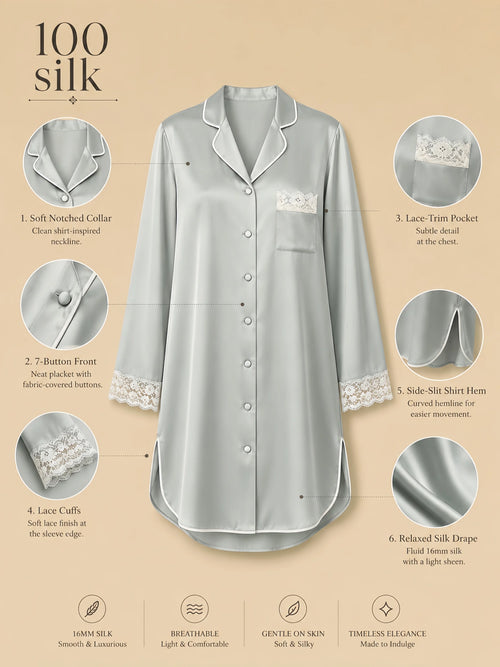 Silkgala 16mm 100% mulberry silk sleepshirt detail image showing a soft notched collar, 7-button front placket, lace cuff sleeves, lace-trim chest pocket, and side-slit shirt hem.