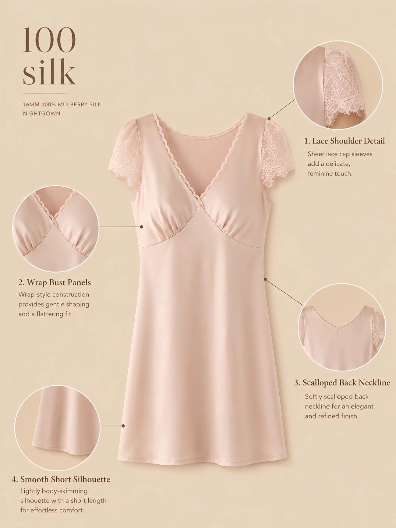 Silkgala 16mm 100% mulberry silk lace-shoulder nightgown detail image showing sheer lace cap sleeves, wrap bust panels, a scalloped back neckline, and a smooth short silhouette.