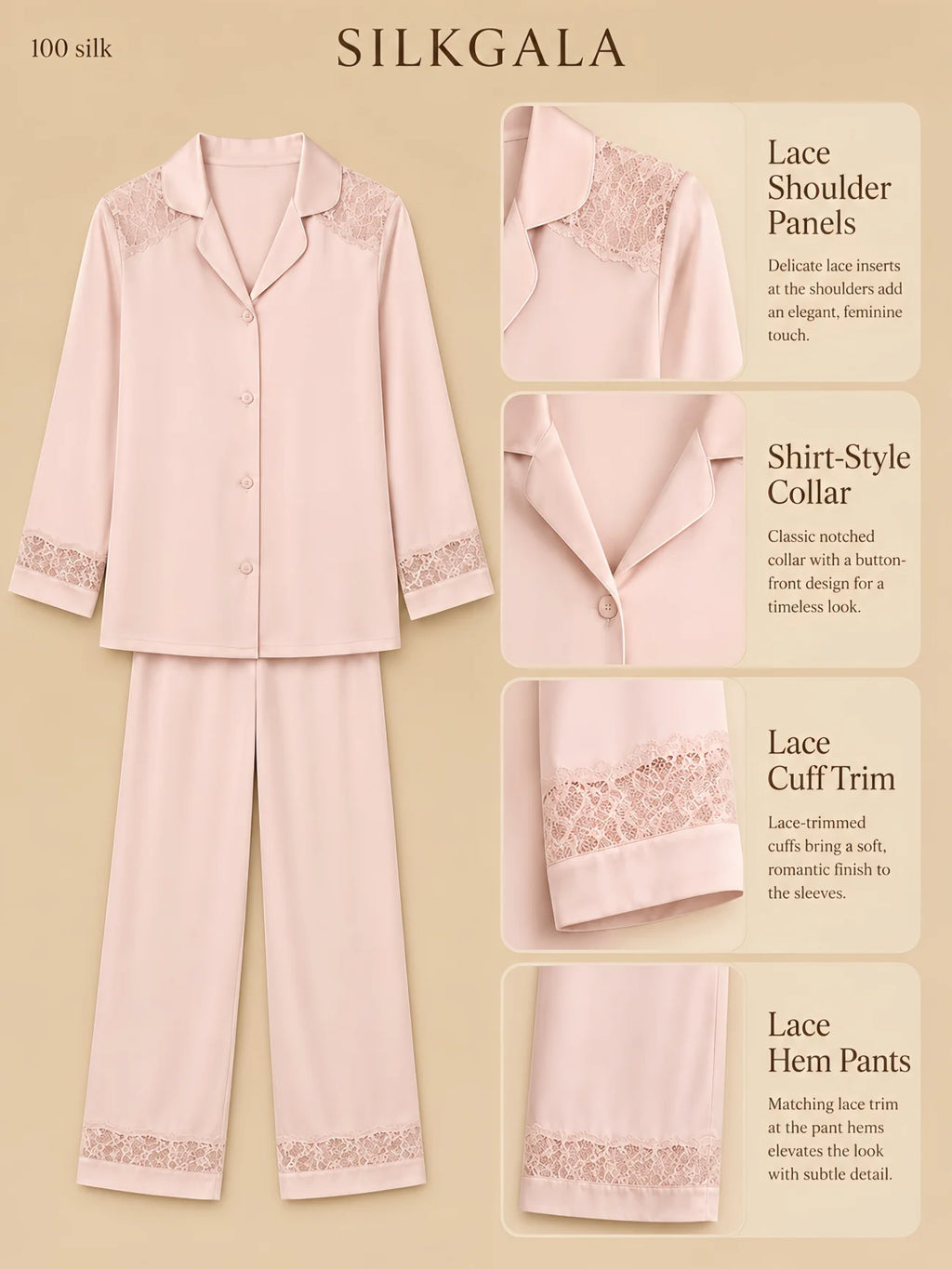 Silkgala 16mm lace-shoulder silk pajama set flat lay in pink with shirt-style collar, button-front top, lace shoulder panels, lace cuff trim, and lace-hem full-length pants on beige background.