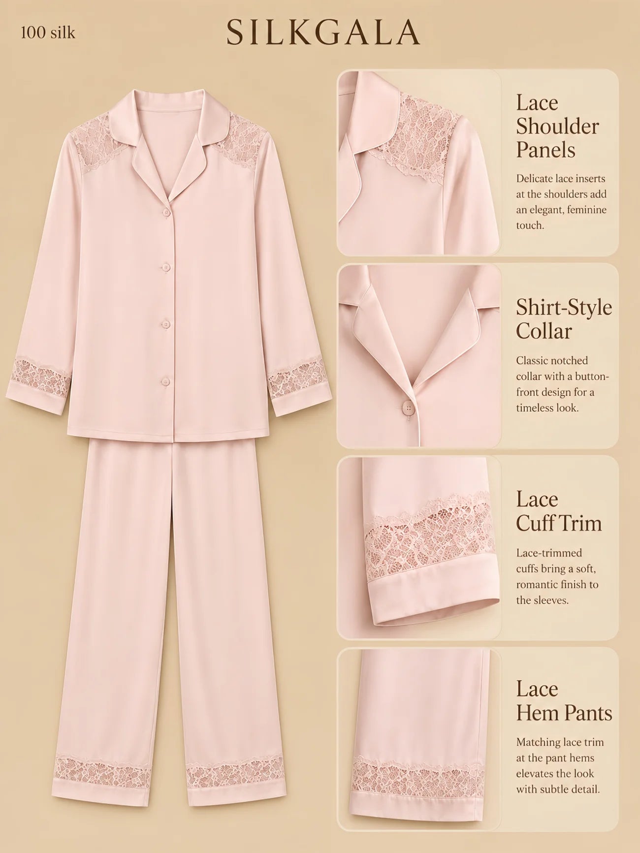 Silkgala 16mm lace-shoulder silk pajama set flat lay in pink with shirt-style collar, button-front top, lace shoulder panels, lace cuff trim, and lace-hem full-length pants on beige background.