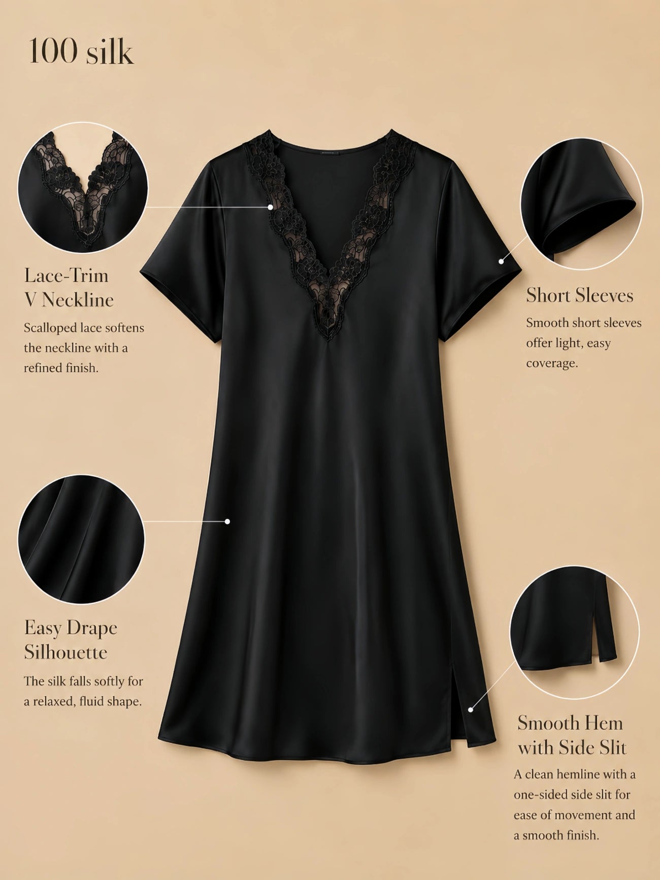 Silkgala 16mm 100% mulberry silk lace-trim sleep dress detail image showing a scalloped lace V neckline, short sleeves, easy drape silhouette, and a one-sided side slit hem.