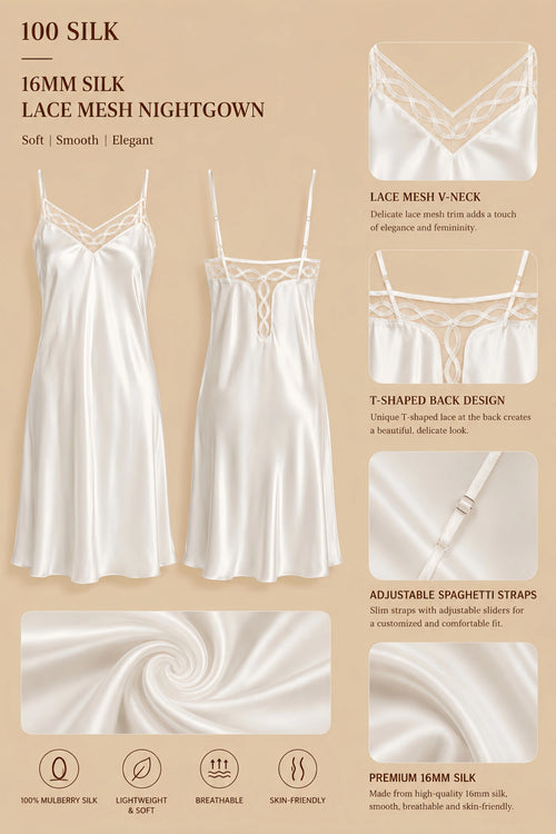 16mm white silk lace mesh nightgown with V-neck trim, T-shaped back, adjustable straps, and smooth drape