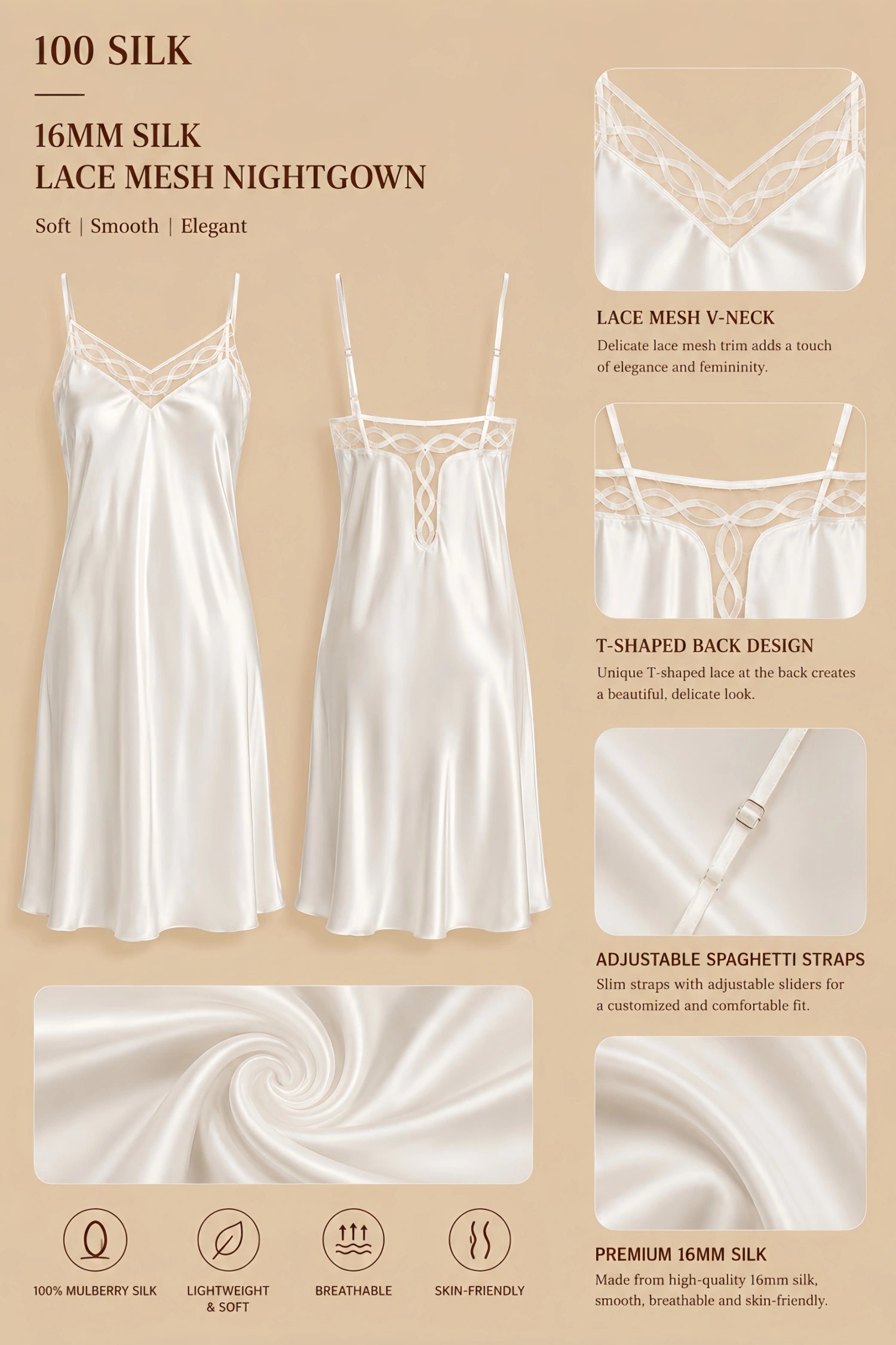16mm white mulberry silk spaghetti strap dress with V-neck, adjustable straps, scalloped lace hem, and smooth drape
