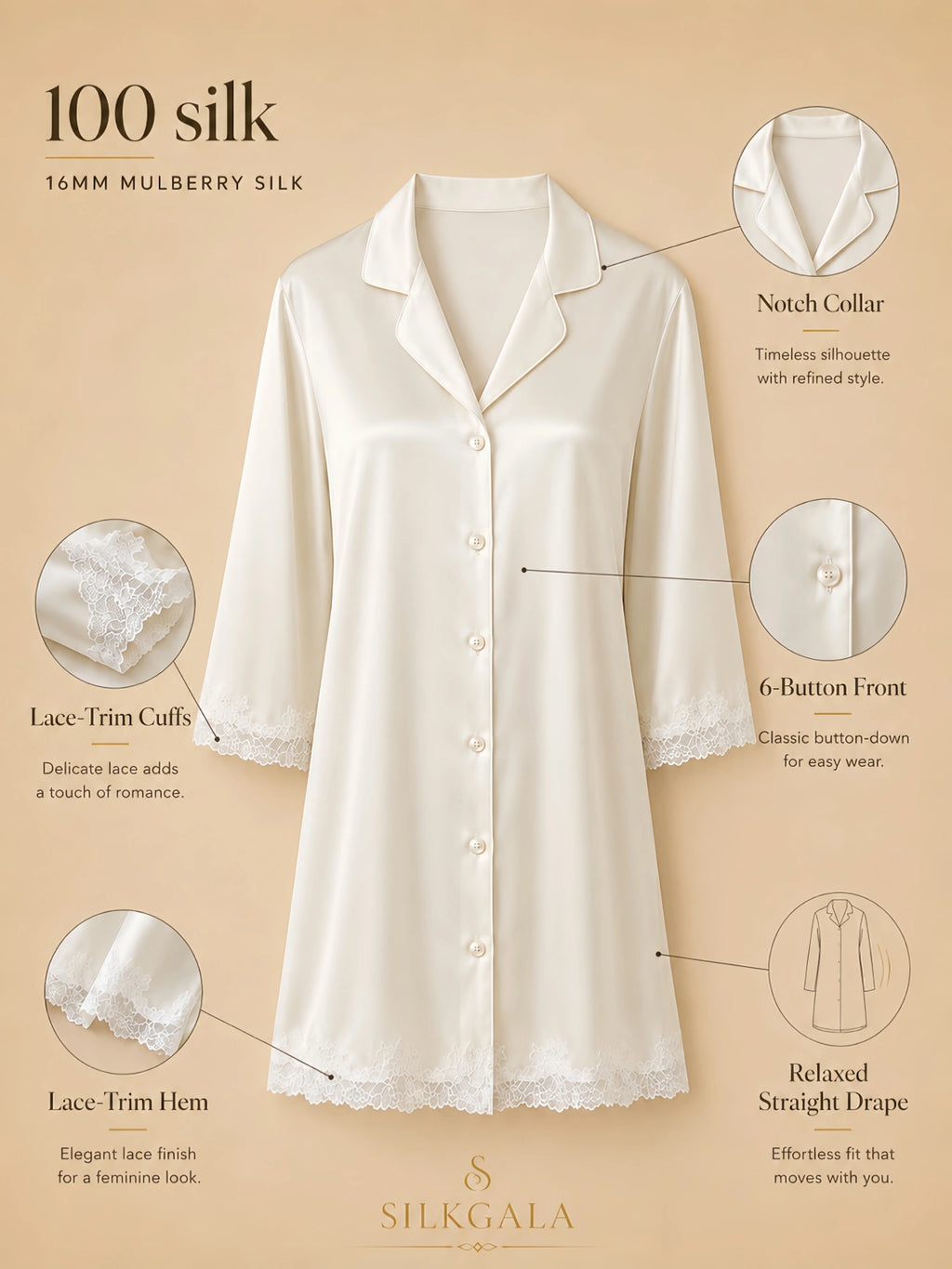 Silkgala 16mm 100% mulberry silk button-down nightshirt detail image showing a notch collar, 6-button front, seven-quarter sleeves, white lace-trim cuffs, lace hem, and relaxed straight drape.