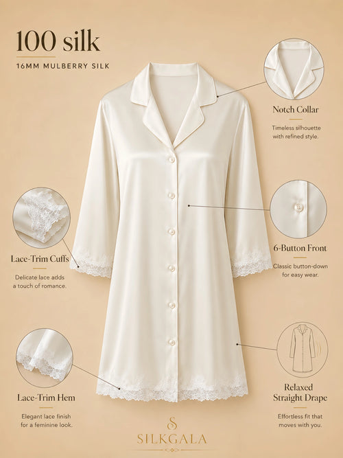Silkgala 16mm 100% mulberry silk button-down nightshirt detail image showing a notch collar, 6-button front, seven-quarter sleeves, white lace-trim cuffs, lace hem, and relaxed straight drape.