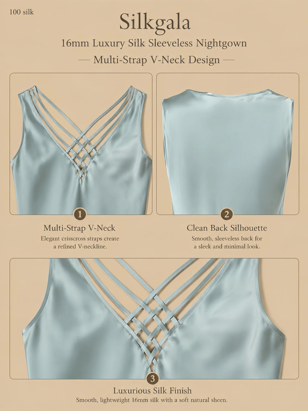 Aqua 16mm silk sleeveless nightgown with multi-strap V-neck, clean back, and smooth silk drape 