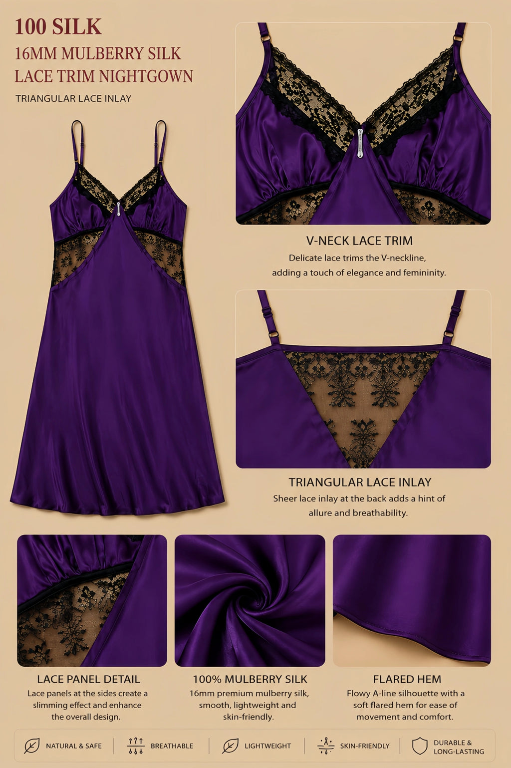 16mm purple mulberry silk lace trim nightgown with triangular lace inlay, V-neck lace trim, and smooth A-line drape