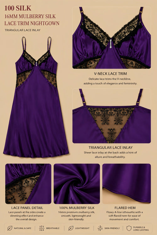 16mm purple mulberry silk lace trim nightgown with triangular lace inlay, V-neck lace trim, and smooth A-line drape