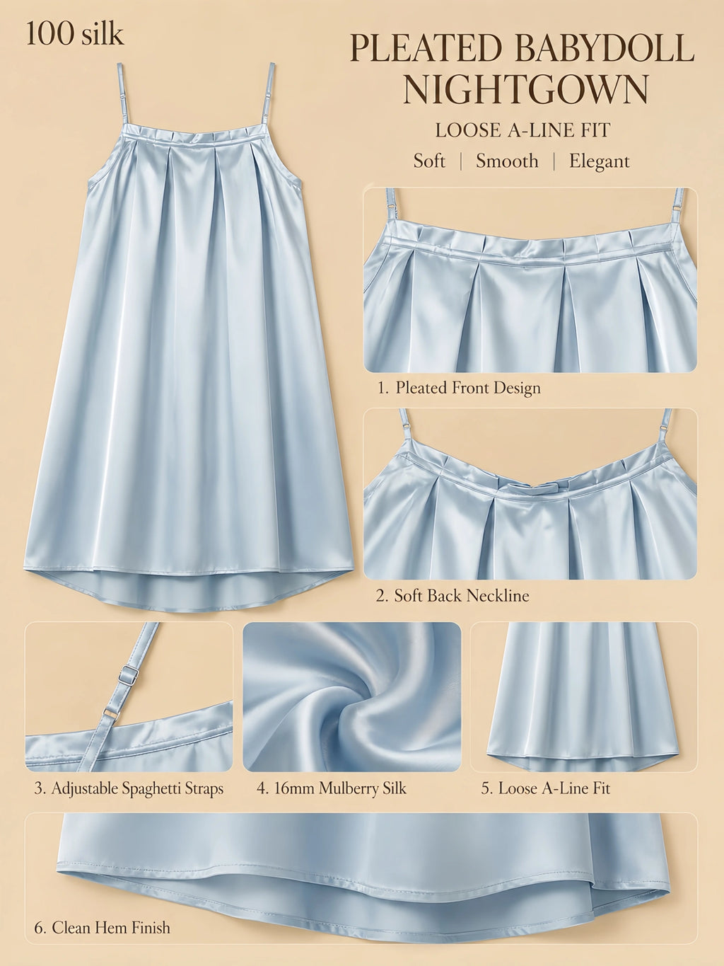 16mm light blue mulberry silk pleated babydoll nightgown with adjustable straps, loose A-line fit, and clean hem