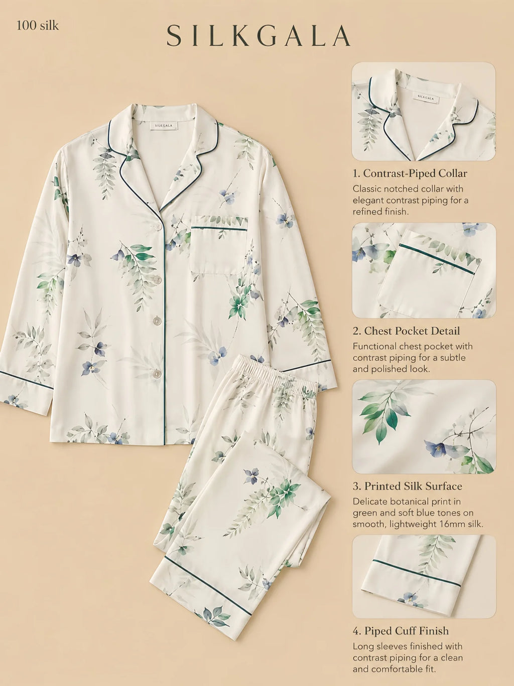 Silkgala 16mm printed silk pajama set in white with botanical print, contrast-piped collar, chest pocket, and full-length pants.