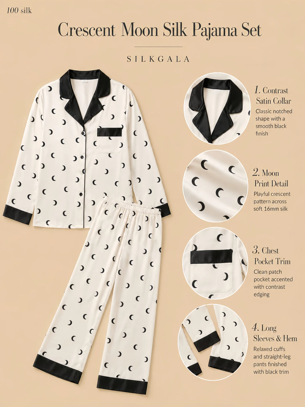 Silkgala 16mm printed silk pajama set flat lay in crescent moon print with contrast black satin collar, chest pocket trim, long sleeves, and straight-leg pants on beige background.