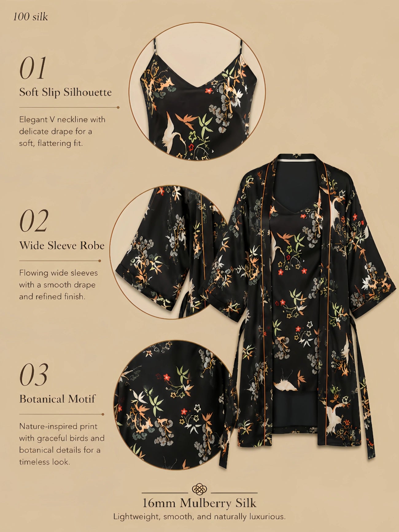 16mm black silk printed robe set with botanical motif, matching slip dress, wide sleeves, and lightweight silk drape