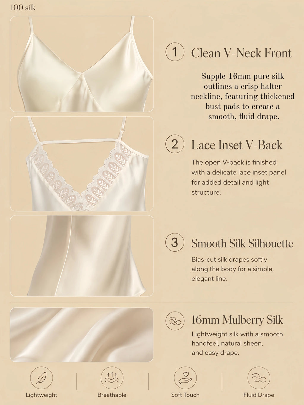 16mm silk camisole dress with clean V-neck, lace inset V-back, and smooth silk drape