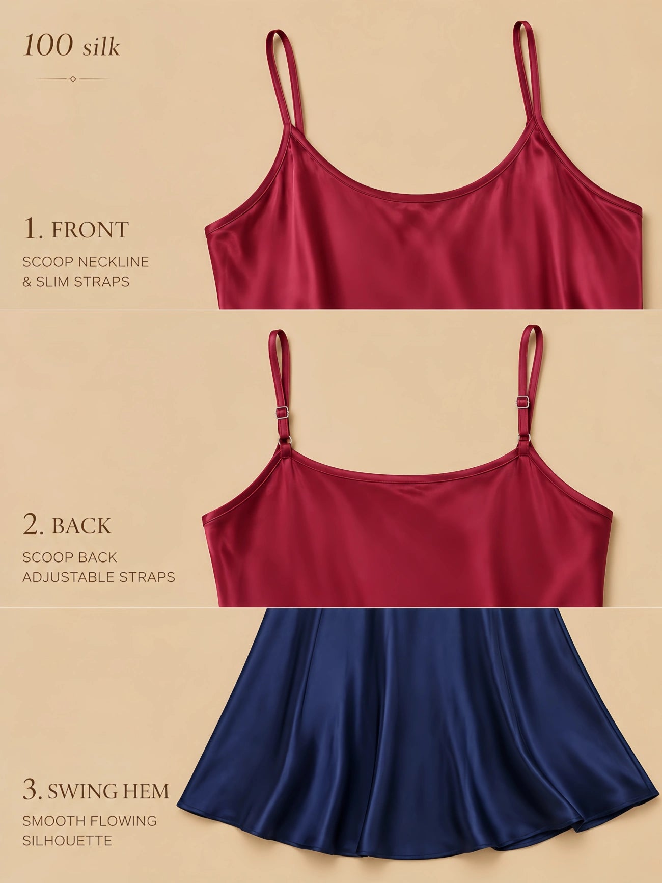 16mm silk camisole nightgown with scoop neck, slim straps, clean back, and swing hem