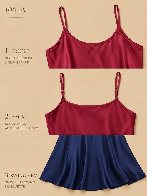 16mm silk camisole nightgown with scoop neck, slim straps, clean back, and swing hem