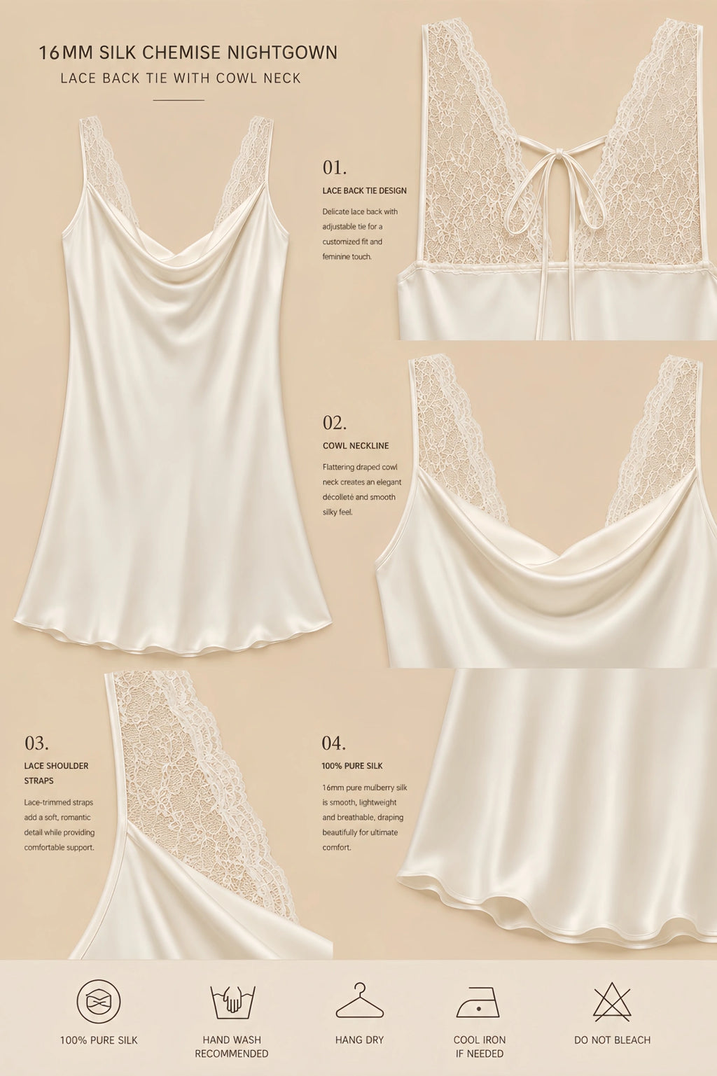 16mm silk chemise nightgown with cowl neck, lace shoulder panels, lace back tie, and smooth silk drape
