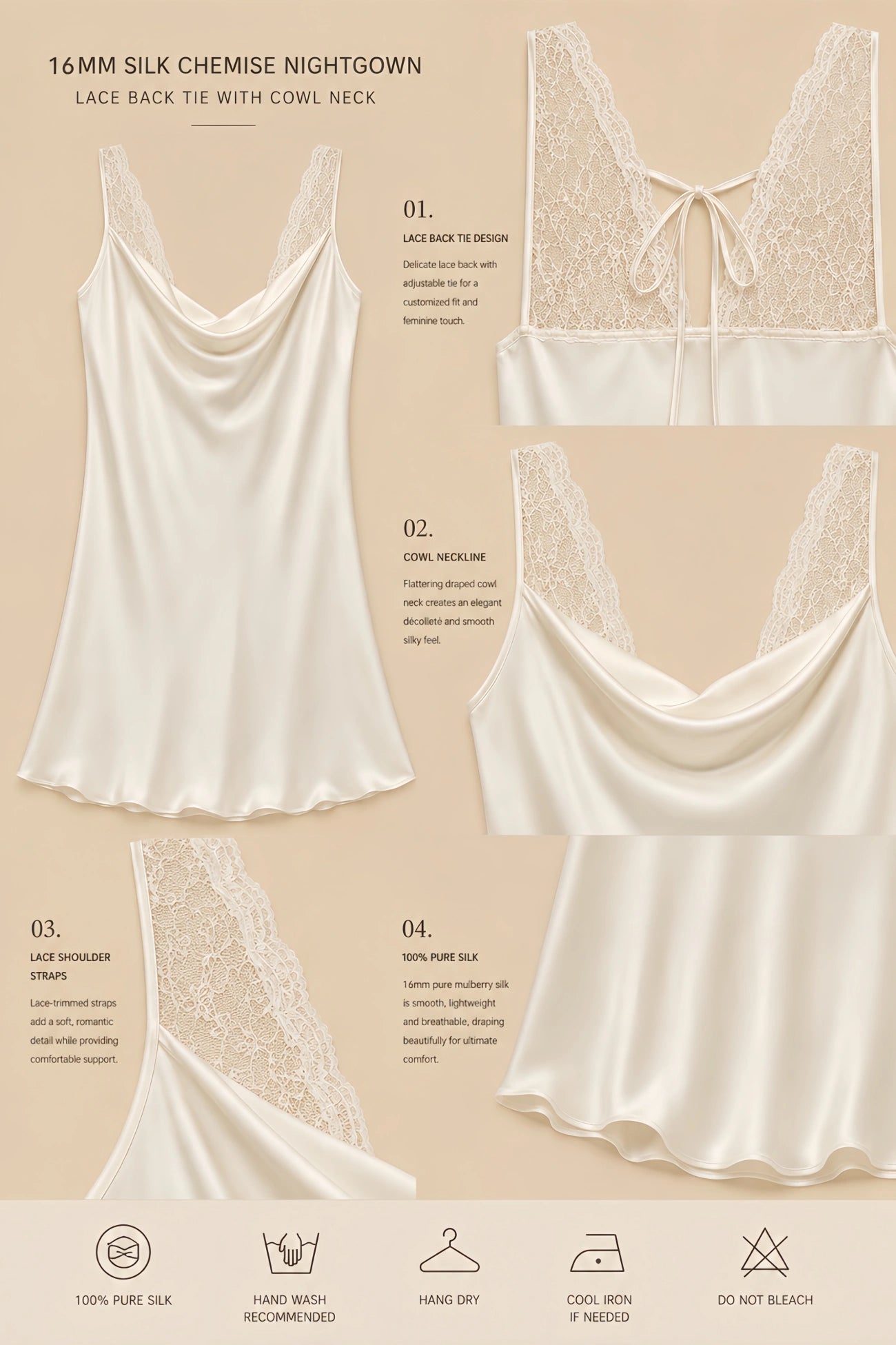 16mm silk chemise nightgown with cowl neck, lace shoulder panels, lace back tie, and smooth silk drape