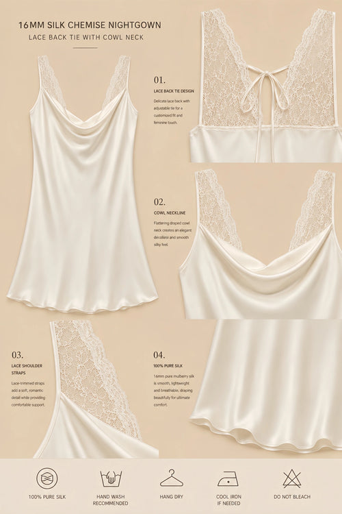 16mm silk chemise nightgown with cowl neck, lace shoulder panels, lace back tie, and smooth silk drape