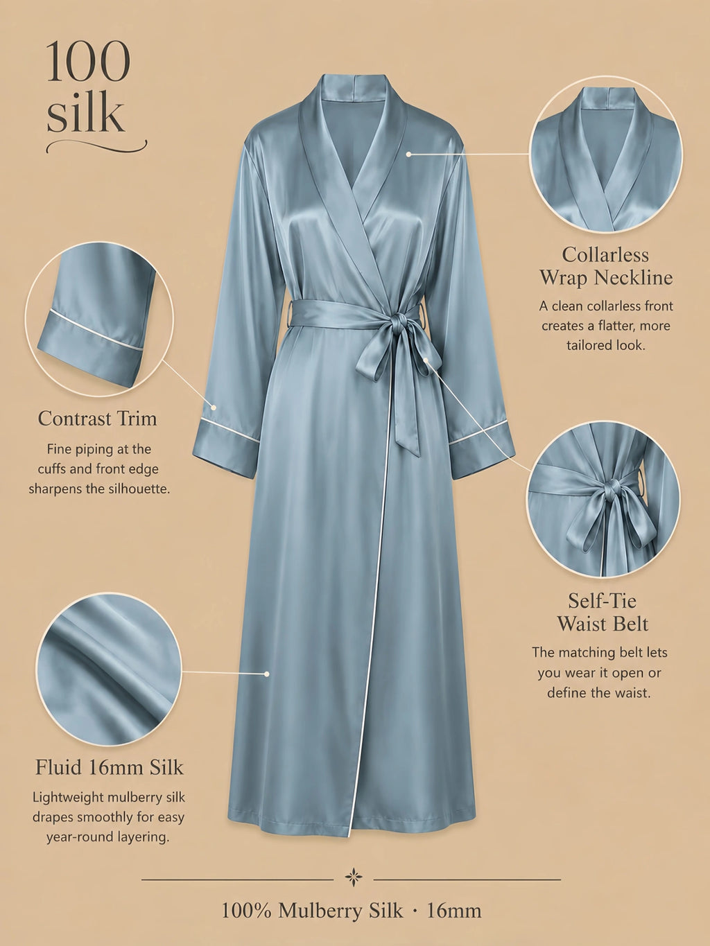Silkgala 16mm 100% mulberry silk dressing gown detail image showing a collarless wrap neckline, contrast trim, self-tie waist belt, shorter robe length, and fluid silk drape.
