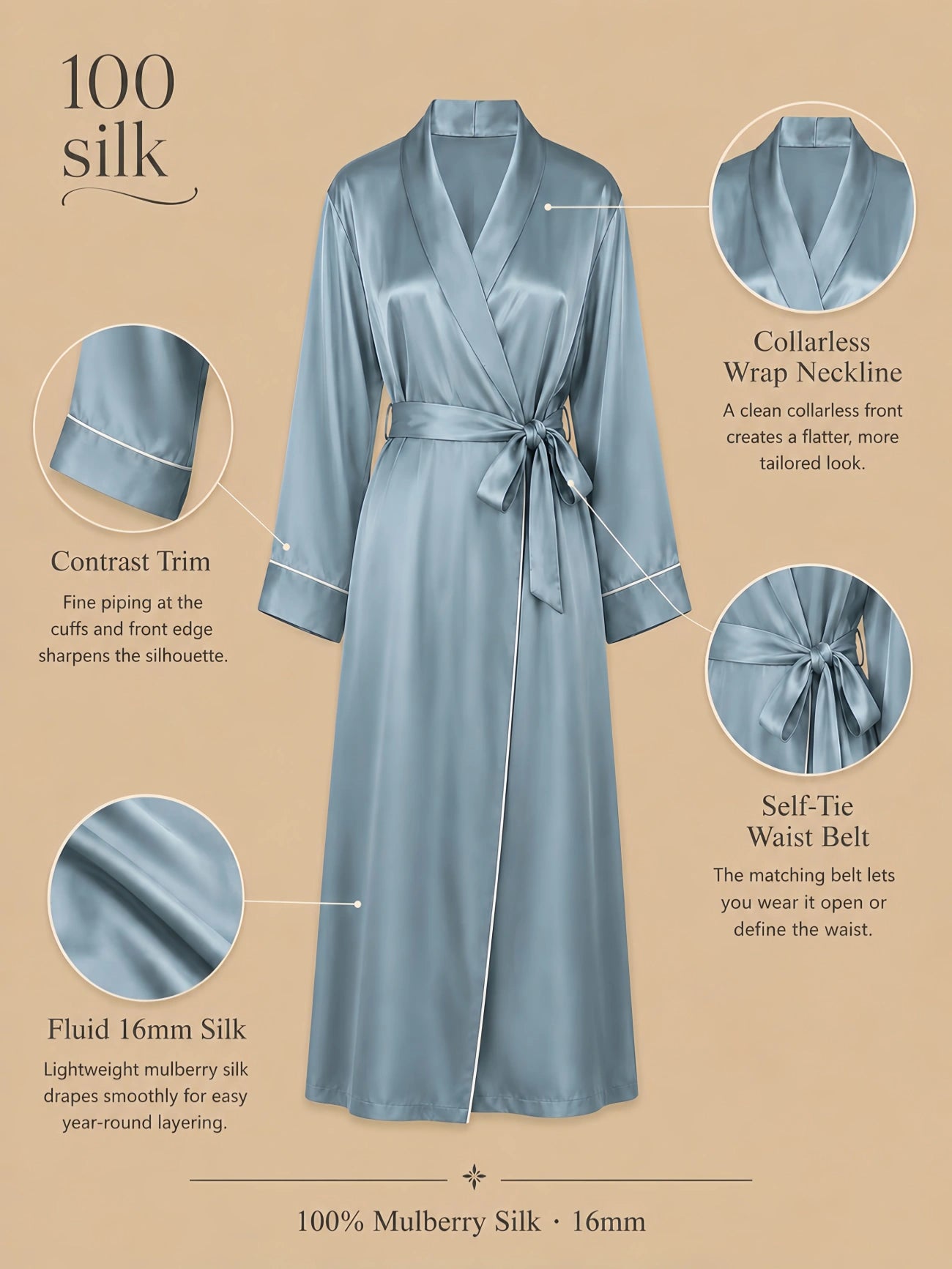 Silkgala 16mm 100% mulberry silk dressing gown detail image showing a collarless wrap neckline, contrast trim, self-tie waist belt, shorter robe length, and fluid silk drape.
