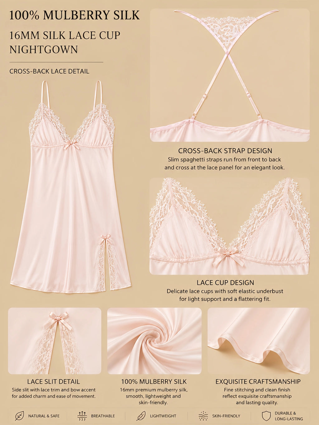 16mm light pink silk lace cup nightgown with cross-back lace detail, lace cups, side lace slit, and smooth drape