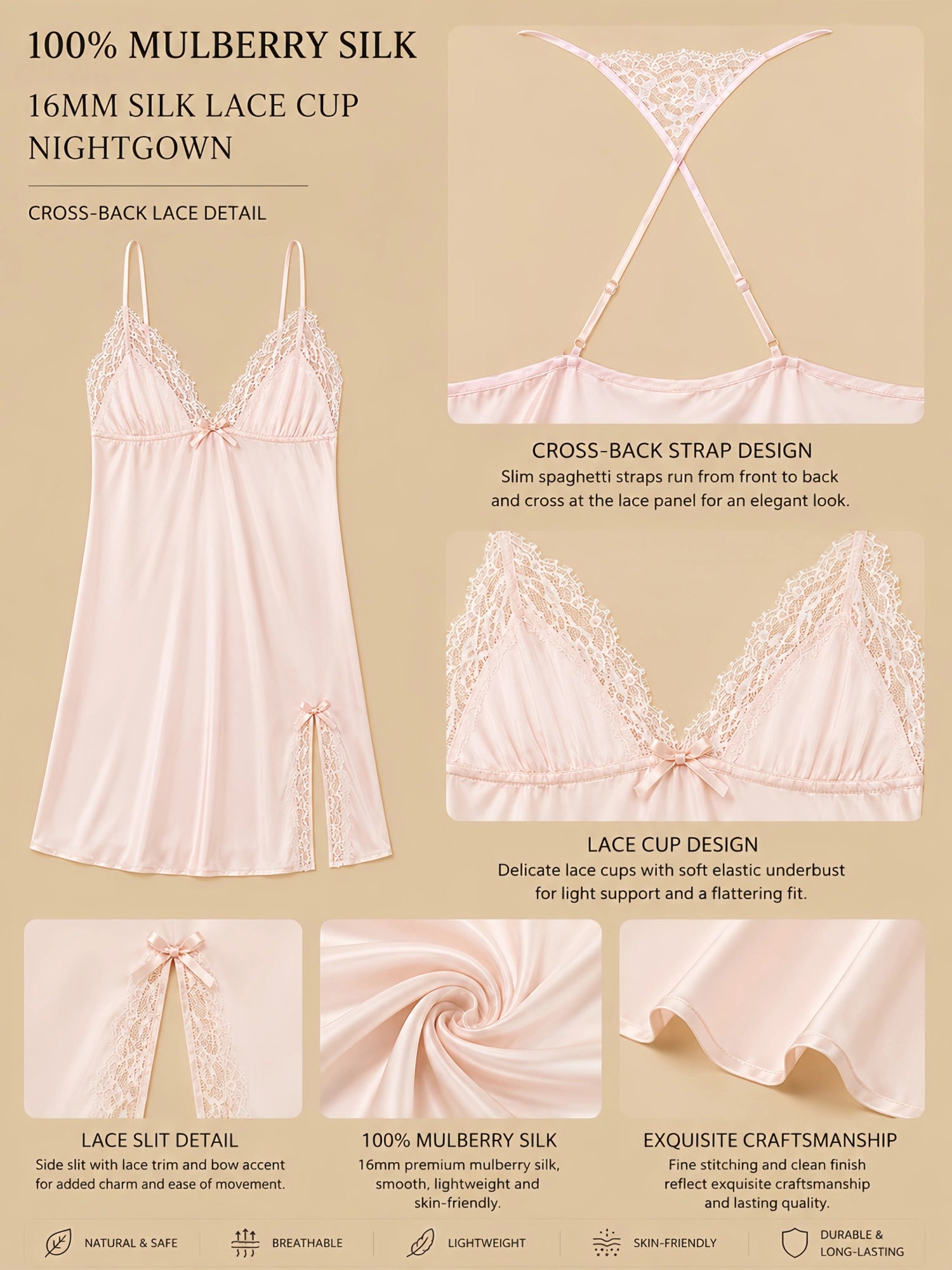 16mm light pink silk lace cup nightgown with cross-back lace detail, lace cups, side lace slit, and smooth drape