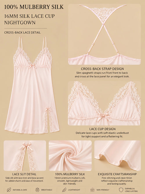 16mm light pink silk lace cup nightgown with cross-back lace detail, lace cups, side lace slit, and smooth drape