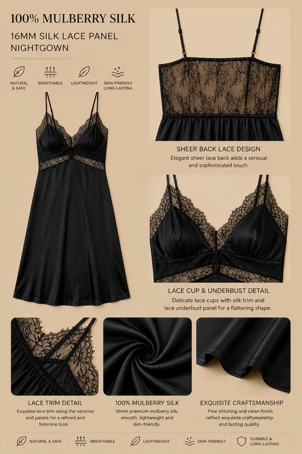 16mm black mulberry silk lace panel nightgown with sheer back lace, V-neck lace bodice, and smooth silk drape