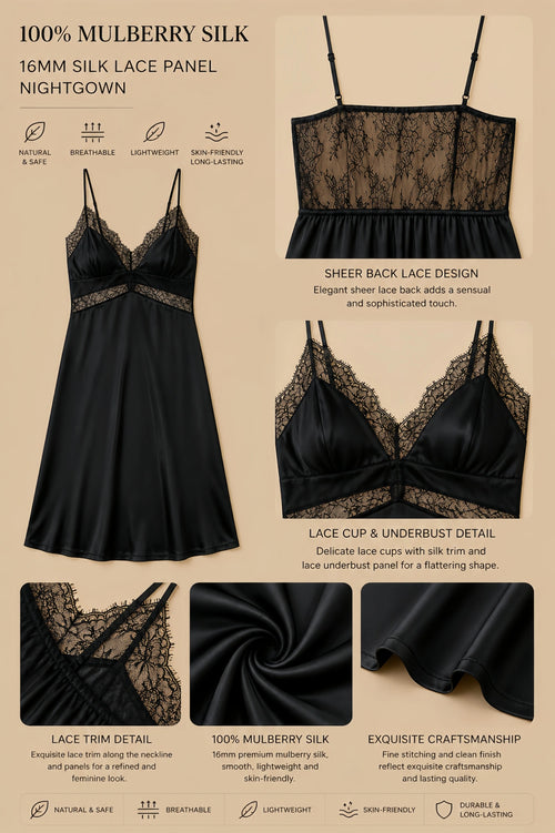 16mm black mulberry silk lace panel nightgown with sheer back lace, V-neck lace bodice, and smooth silk drape