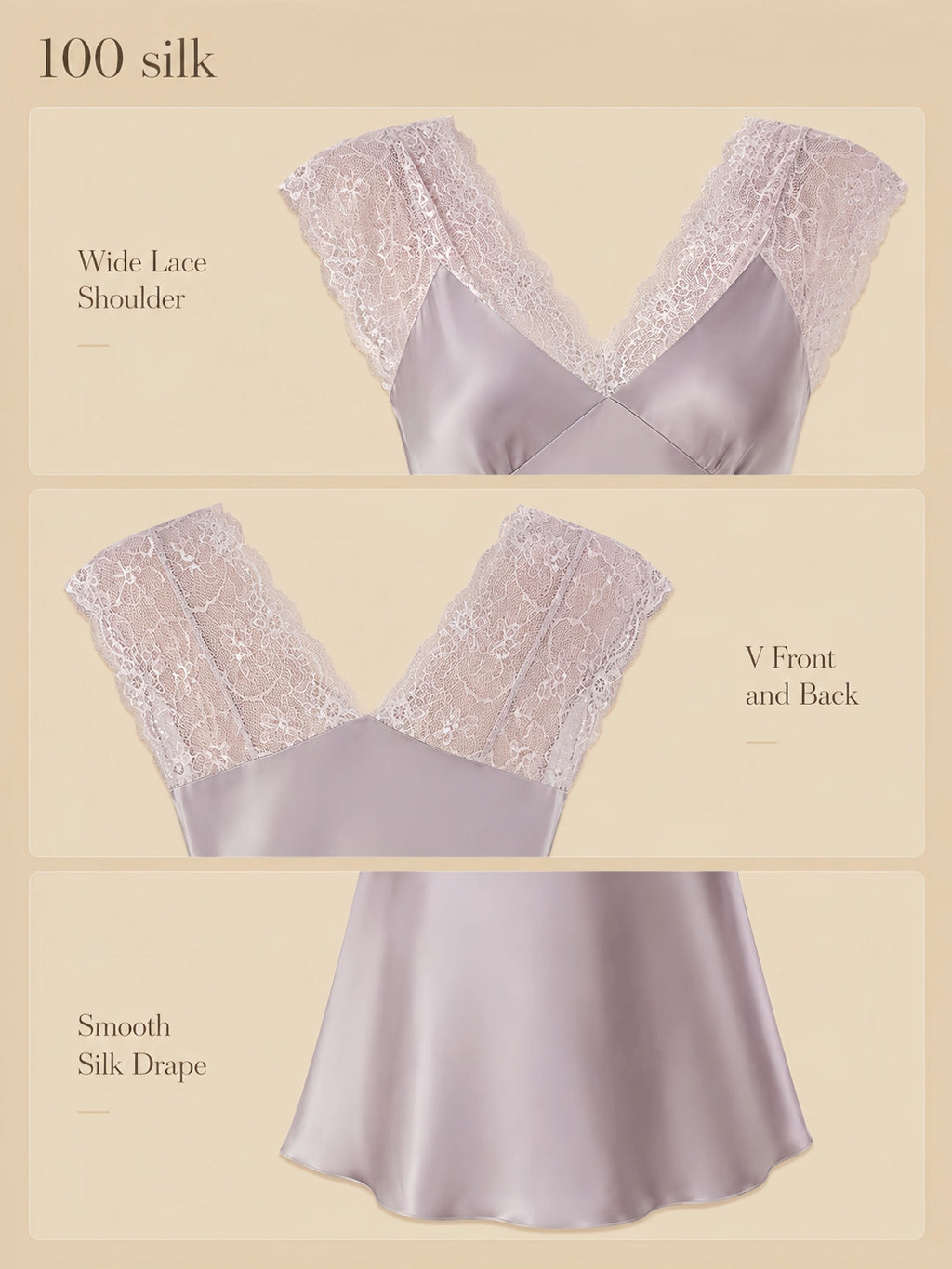 16mm silk lace shoulder dress detail collage showing the wide lace V-front, wide lace V-back, and smooth silk body in soft lilac.