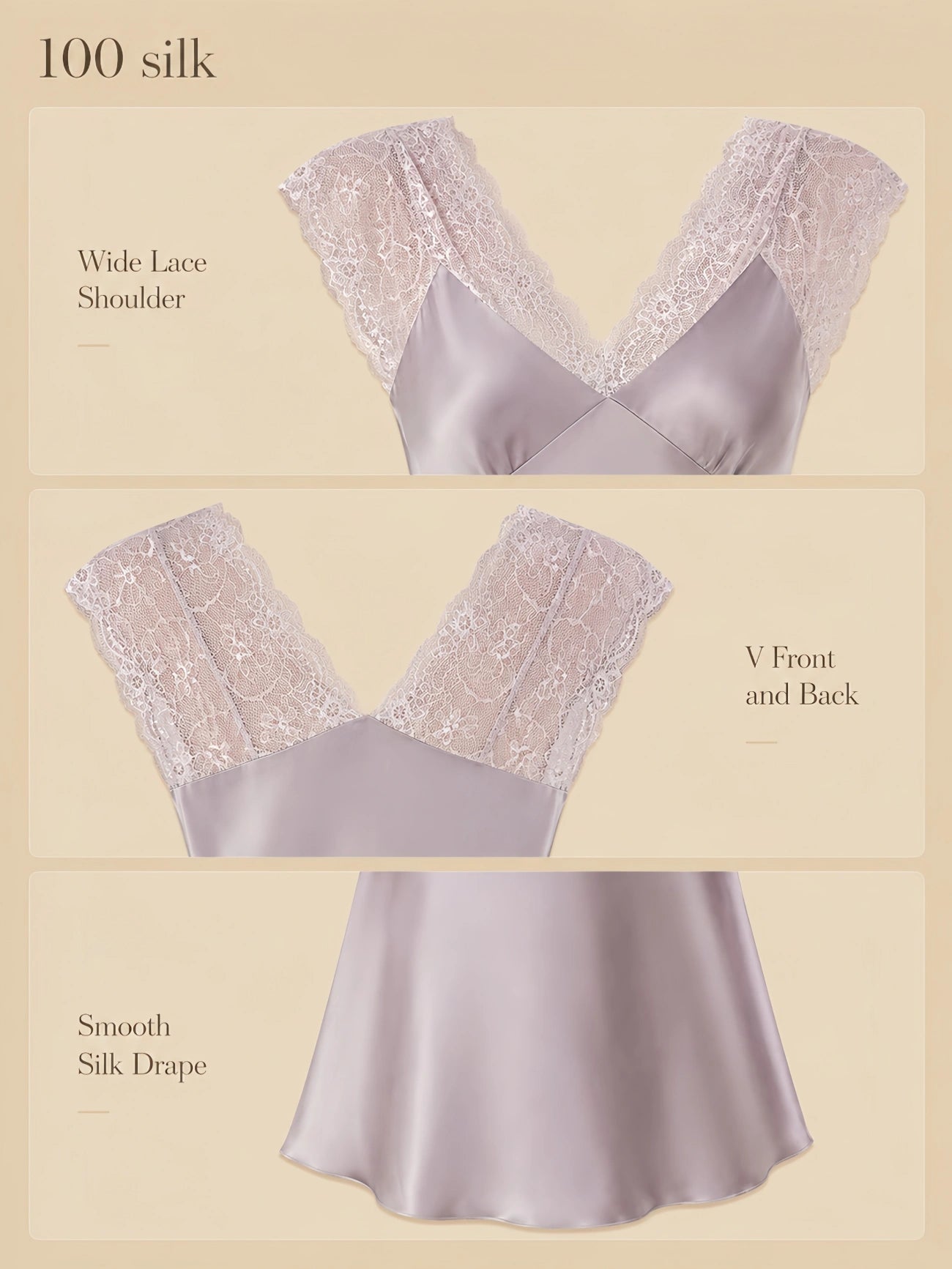 16mm silk lace shoulder dress detail collage showing the wide lace V-front, wide lace V-back, and smooth silk body in soft lilac.