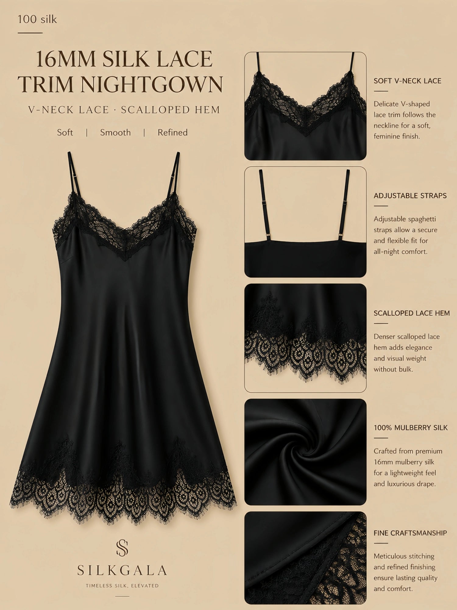16mm black silk lace trim nightgown with V-neck lace, scalloped hem, adjustable straps, and smooth drape