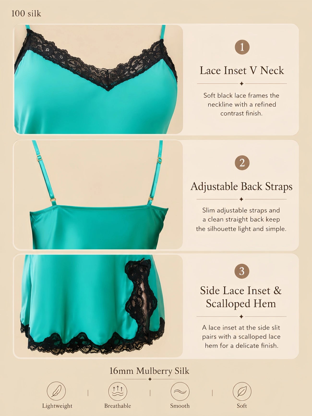 Turquoise 16mm silk nightgown with black lace V-neck, side lace slit, and scalloped hem
