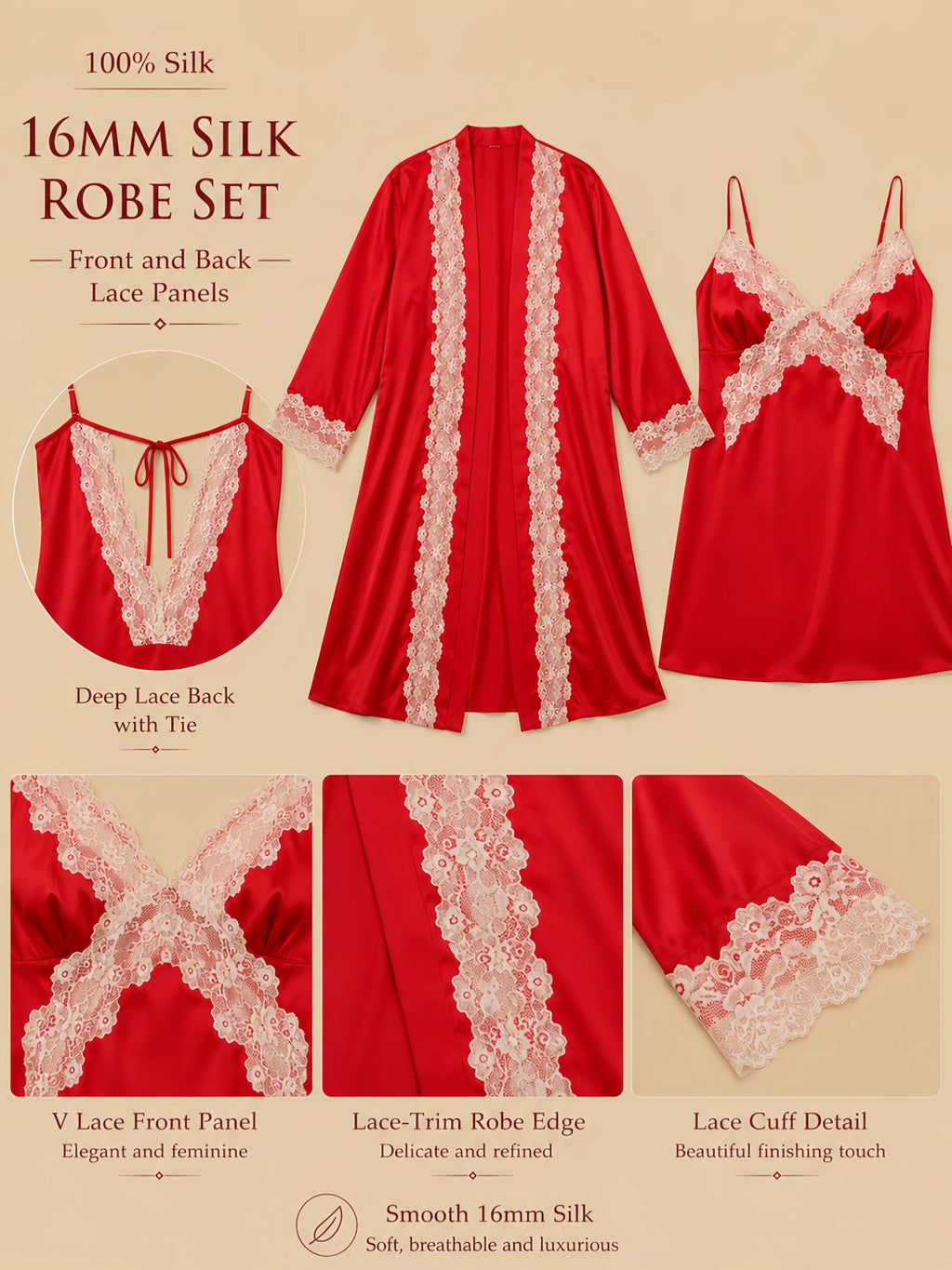 16mm red silk robe set with front and back lace panels, lace-trim robe, tie-back detail, and smooth drape