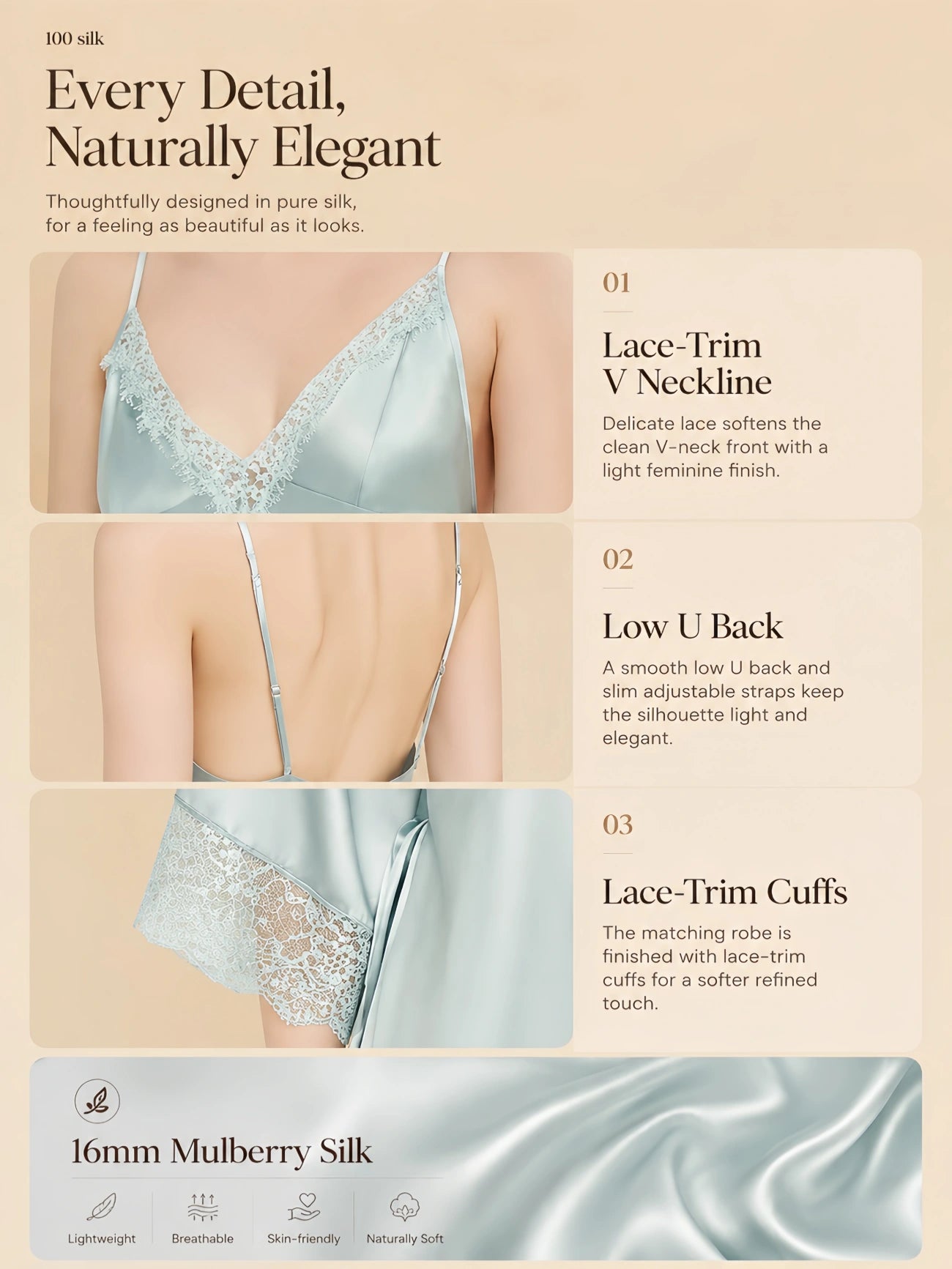Blue 16mm silk robe and slip set with lace V-neck, low back, lace-trim cuffs, and soft silk drape