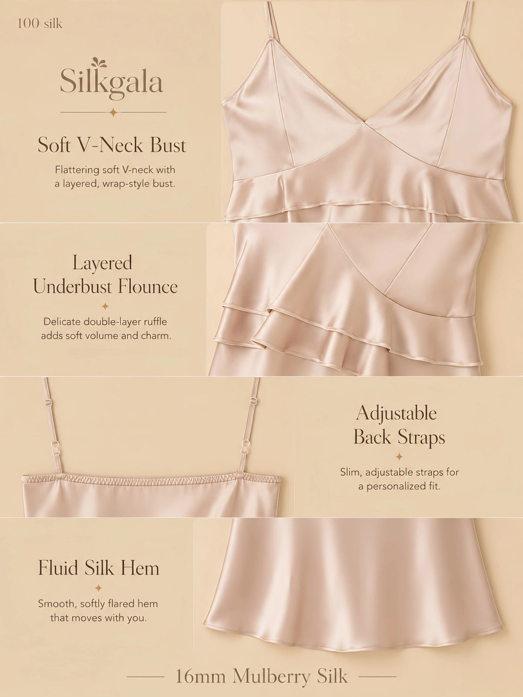16mm silk nightgown detail image with ruffle bust, layered underbust flounce, low back, and smooth mini hem.