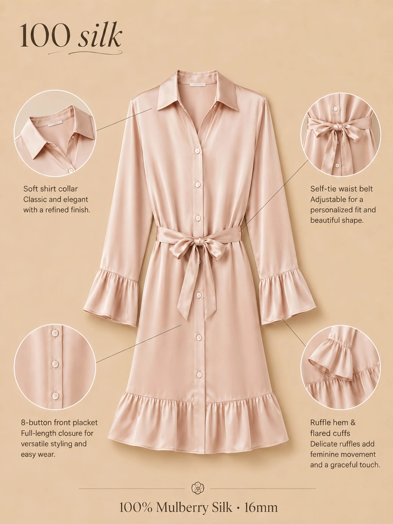 Silkgala 16mm 100% mulberry silk shirt dress nightgown detail image showing a soft shirt collar, self-tie waist belt, 8-button front placket, ruffle hem, and flared cuffs.